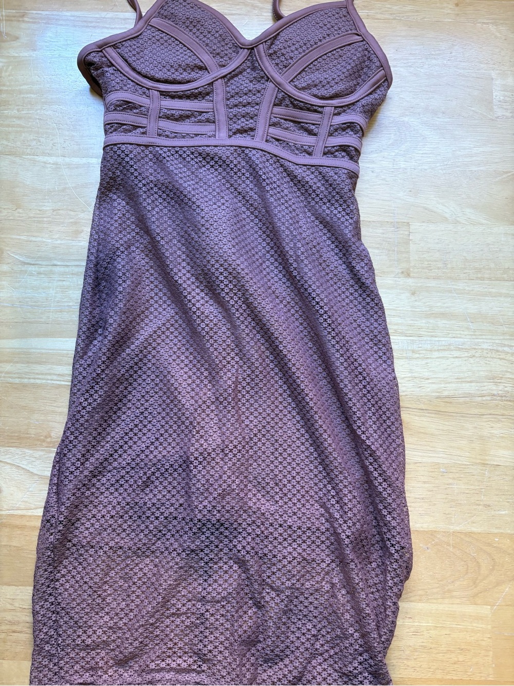 Revamped Mauve Lace-Textured Midi Dress with Structured Bust